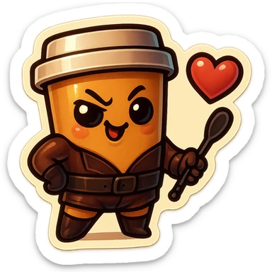 Tall coffee cup, dressed in leather holding a whipping paddle, mischevious, heart sticker