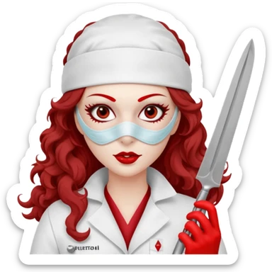 


Scary woman scalpel in hand, evil surgeon sexy surgeon clothes.  She has redcolored  eyes. Her  hair only is free ne brown long curly hair. Wears sexy doctor outfit with red gloves. make her wear full ski mask yo mask and nose mask  to hide. Wears white surgeon coat, wears  stilettos sticker