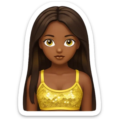 Sasha from Bratz with long dark brown hair, dark skin, hazel eyes, yellow sequin crop top sticker