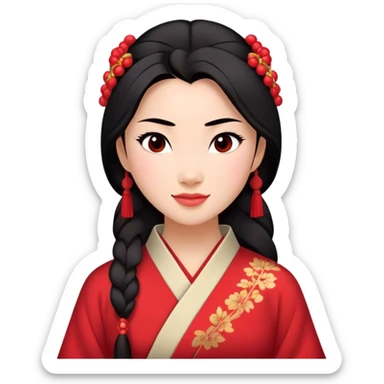 Cinematic Radiant Mulan Portrait Emoji, rendered in a realistic, vector-style with clean proportions. Show Mulan with a soft, confident smile, warm skin, and expressive eyes, her dark hair styled simply, and dressed in traditional clothing with understated red accents. The image radiates a gentle, luminous glow and high shine, accentuated by a soft glowing outline. sticker