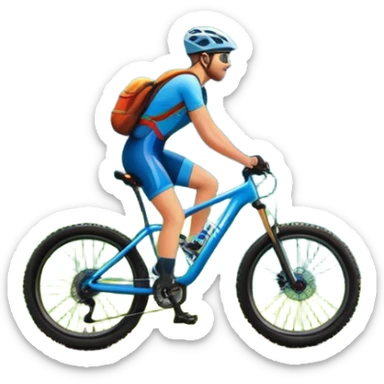 An icon featuring majestic mountains, lush green valleys, and a bright blue sky with fluffy clouds. The sun casts warm light over the landscape, emphasizing the beauty of outdoor cycling and a mountain bike standing on a scenic trail. The background showcases Transparent background sticker