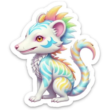 Colorful tropical tribal pale light fruity pastel white glorious iridescent divine exotic cute albino neon vibrant zigzagged cool beautiful fantasy-caracal-civet-genet-sergal-vernid-Gryphon-Cacomistle-Trico-oncilla-animal-Fakémon-hybrid-fursona (full body), facial markings,  sticker