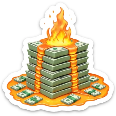 Transform the stack of money into lava money: make the bills appear to be melting and turning into glowing, molten lava with realistic textures and dramatic lighting. Keep the background transparent. The style should reflect a realistic molten lava effect with glowing and melting details. sticker