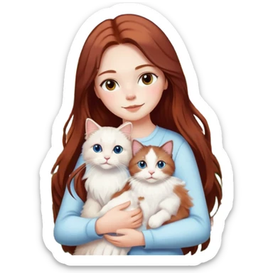 A woman with long dark auburn hair holding a white ragdoll cat in a field of flowers sticker