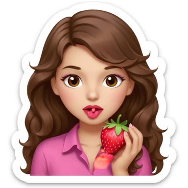 girl with long wavy brown hair, brown eyes, light to medium complexion, in a pink shirt, pink lips, long lashes, sexy , puckering lips kissing, blushing, eating a strawberry sexy sticker