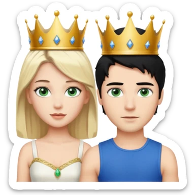 Prince with crown, black hair, blue eyes, woman blonde hair, green eyes, sexy white short sleveless dress,  sticker