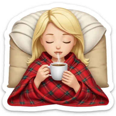 Blonde girl inside a blanket sipping coffee eyes closed sticker