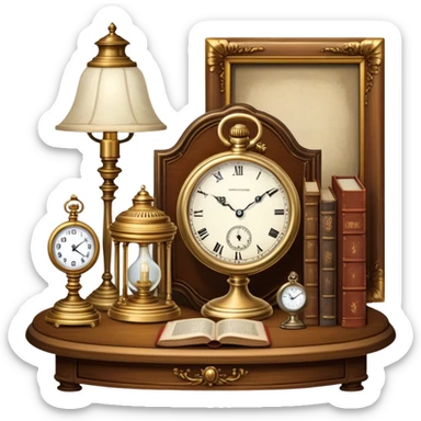 Icon for Antiques Collecting: antique furniture , a vintage pocket watch, an old ornate lamp and a porcelain figurine, all placed on a wooden antique table surrounded by aged books and a magnifying glass. The icon should evoke the elegance and history of antique collecting. Transparent background. sticker