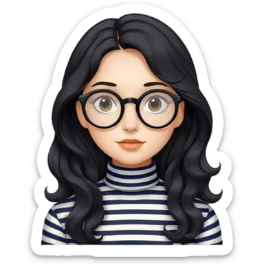 Menina de cabelo longo preto e ondulado que usa óculos redondo e vestida com uma camisa listrada de gola alta sticker