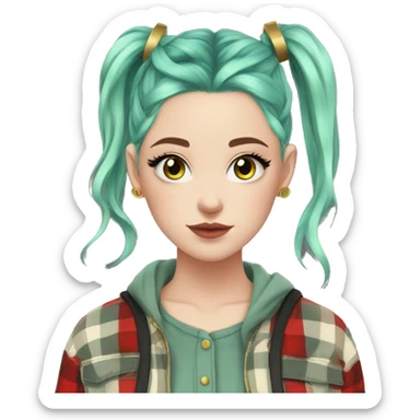  Pale girl, blue eyes, green hair, space buns hairstyle, wearing a red flannel, gold hoop earrings, thick wing eyeliner sticker