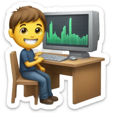 A computer with trading graphs going up and a happy boy  sticker