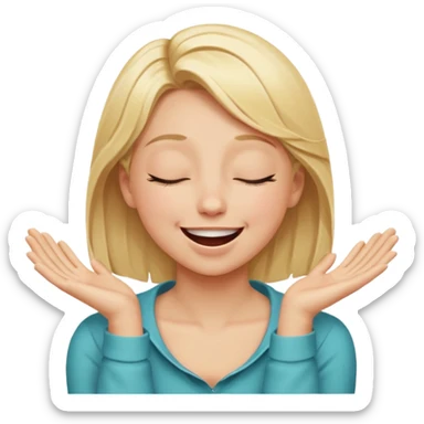 Happy blonde girl with eyes closed and mouth wide open and hands cupped around her neck - her eyes are squinty with excitment mo sticker