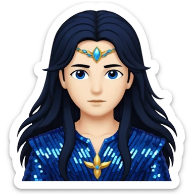 Zephyr, God of West Wind from Gods and Goddesses with long jet black hair, dark blue sequin outfit sticker