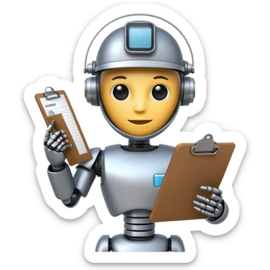 recruiter robot emoji, flat, cute, metallic, holding a clipboard sticker