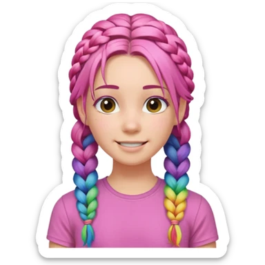Woman with braided rainbow hair, happy — long braids, pink shirt sticker