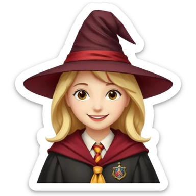 A young woman wearing a classic witch’s hat, red tie, and wizarding robes. This outfit suggests she's a student from Gryffindor House (from the Harry Potter universe), as the red tie is a signature detail of that house's uniform. sticker