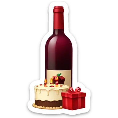 Bottle of red wine with present and birthday cake  sticker