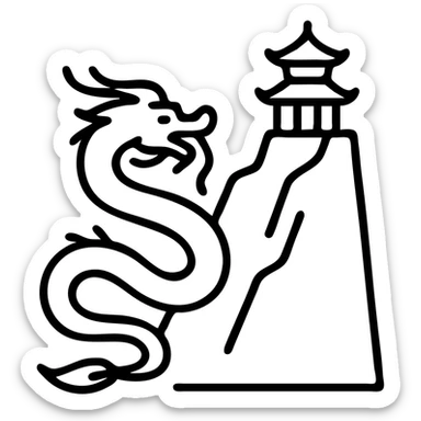 Chinese dragon with whiskers winding up a mountain cliff with a traditional temple perched on top sticker