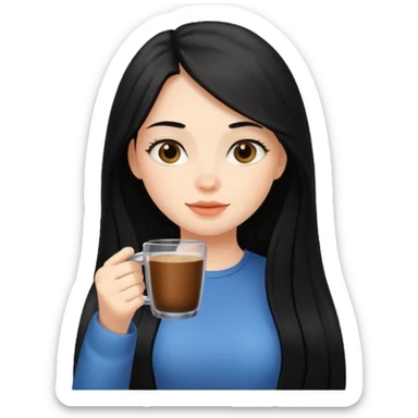 cute girl with black long hair drinking coffee in a glass sticker