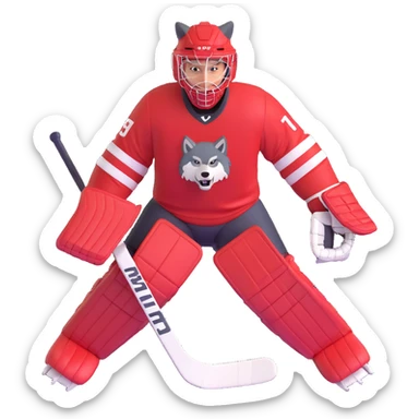 A hockey goalkeeper in red uniform with wolf image sticker