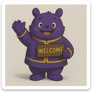 friendly mascot character standing front-and-center, one arm raised in a welcoming wave, holding a small 'Welcome' sign in gold letters, outfit in Qame purple (#4B2091) with gold accents, soft drop shadows, simple light-grey gradient background sticker