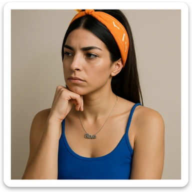 Create a hyperrealistic 4K image of a thoughtful woman, almost full figure, with her hand under her chin, inspired by the reference image. She has a reflective expression and a neutral background. This is variant 1. sticker