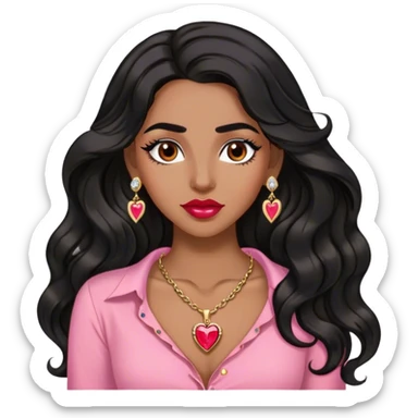 Woman,Medium brown skin,super long black wavy hair, medium brown arched eyebrows, full lashes, red nude lips, diamond stud earrings, gold heart locket, pink shirt sticker