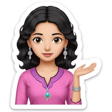 a pretty bratz fair indian girl wearing a pink kurti,  Silver jhumkas, black wavy hair sticker