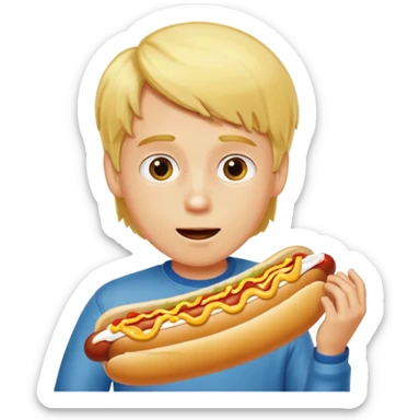 A boy taking a huge bite of a hot dog loaded with mustard and relish.





















 sticker