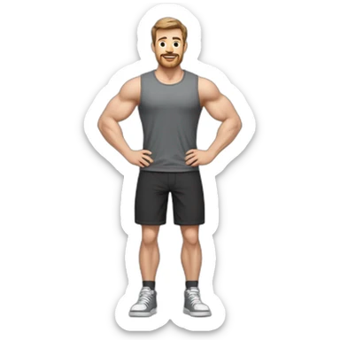 Full height realistic Actively gesturing with hands Pale skinned Fit Man With the biceps and brown hair in dark gray Sleeveless Mike, black oversize sports shorts, watch and white Sneakers sticker