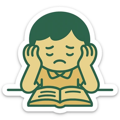 student frustrated with head in hands, minimalistic, green gold and white color scheme, clean lines sticker