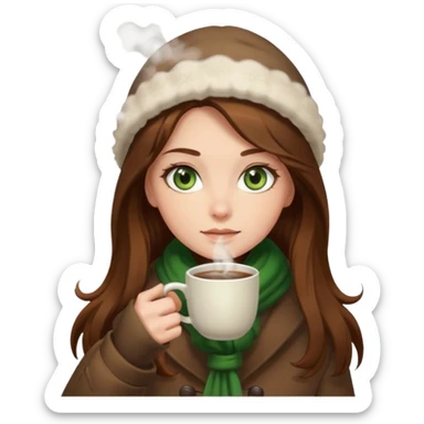 Girl green eyes brown long hair with brown-white winter clothes with coffee in her arms sticker