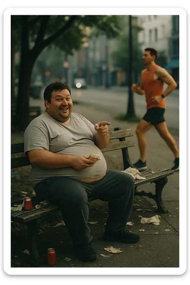 A cinematic urban scene showing an overweight man in his late 30s sitting on a park bench, with a fast food wrapper in one hand and a smirk on his face. He points mockingly toward a fit, athletic person jogging nearby. The man is wearing casual clothes that barely fit — a stretched-out T-shirt and sweatpants — and his posture is slouched. His expression is sarcastic, laughing, but there’s a subtle shadow of insecurity in his eyes. The contrast is clear: the jogger is framed in soft morning light, moving with energy and purpose, while the man on the bench is surrounded by clutter, soda cans, and dim, flat lighting. Shot in 35mm cinematic style, shallow depth of field, with muted tones around the man and vibrant light around the jogger — emphasizing the disconnect between appearance and attitude. sticker