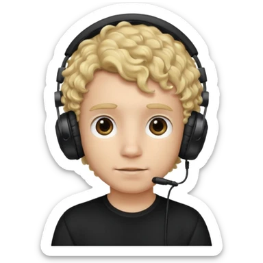 curly blonde haired boy with a black top on and black gaming headphones sticker