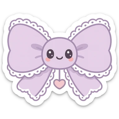 Enhance the purple bow in kawaii style by adding delicate lace trim along the edges, a small heart charm hanging from the center, and a soft, romantic touch to the overall appearance. Keep the style cute and charming with no background. sticker