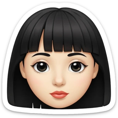 black hair with bangs, small lips, big black eyes, small large nose and dimples sticker