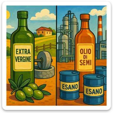 comparative image: left side with a green bottle labeled 'Extra Vergine', olives, traditional olive mill, sunny rural landscape; right side with a bottle labeled 'Olio di semi', industrial factory, chemical barrels labeled 'Esano'; vivid colors, illustrative style sticker