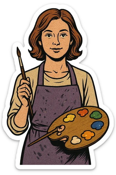 Serene female oil painter, Caucasian features, shoulder-length auburn hair, soft brown eyes, gentle smile, wearing a violet painter’s apron lightly stained with paint over a beige blouse, holding a wooden palette with vibrant colors in one hand and a brush in the other, waist-up, front-facing sticker