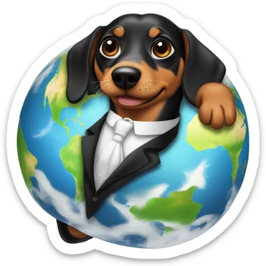 A Weiner dog holding up the earth in a tuxedo sticker