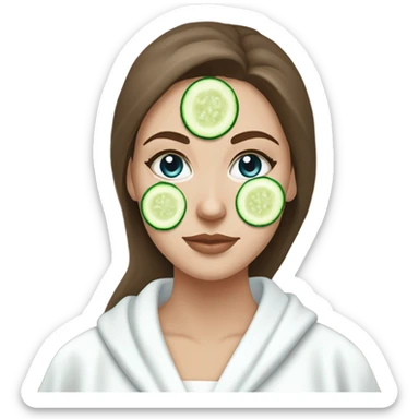 White girl with Brown hair and blue eyes wears a Green colored skincare clay textured mask and puts on cucumbers around her eyes while She relaxes in her white Robe sticker