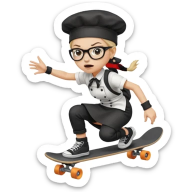 ["An angry woman with light skin, ponytail, wearing a chef hat and square glasses, dressed in goth fashion, is skateboarding while holding a backpack."] sticker