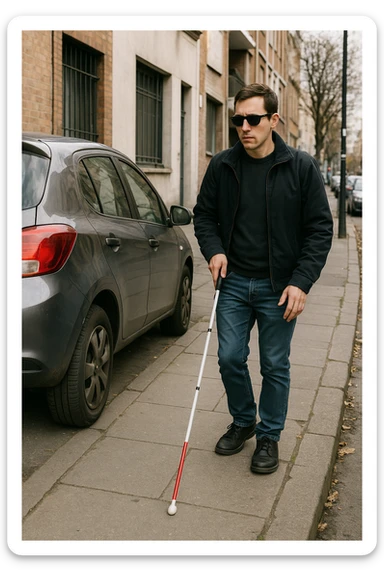 A person with dark glasses and a white cane, trying to navigate around a car parked on the pavement, highlighting accessibility issues. sticker
