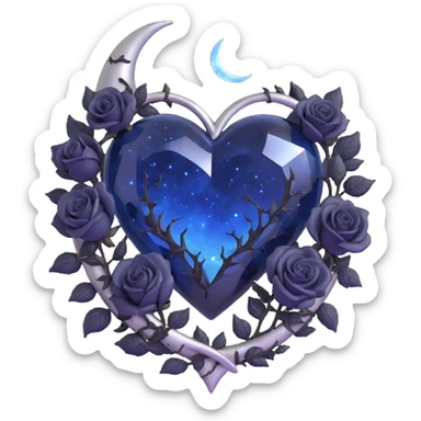 gothic heart, midnight blue glass, silver crescent moon, black roses, stardust, lightning, rain, cracked glass, celestial style sticker
