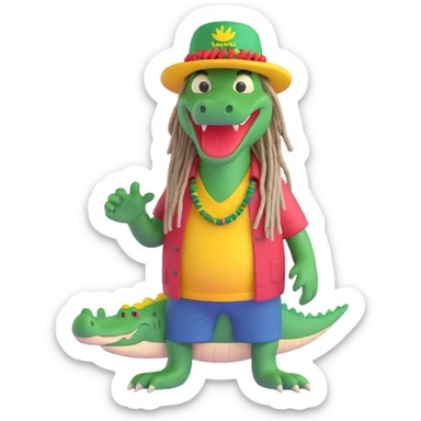 3D cartoon alligator with Rasta hat, dreadlocks, and casual clothes, smiling, fun and friendly sticker
