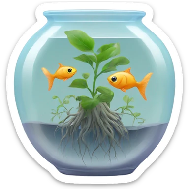 fishes in a clear vase with plant roots sticker