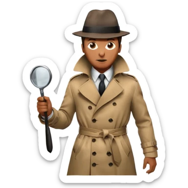 Icon for Detective Movie: A vintage movie poster-style design of a mysterious detective in a trench coat, holding a magnifying glass. Include dark alleyways, fog, and shadowy figures. The design should evoke a classic noir detective story with retro cinematic typography. Transparent background. sticker