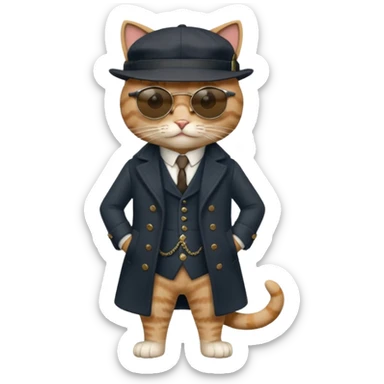 Cat wearing sunglasses and a peaky blinders hat, along with a waistcoat and over coat.
Peaky blinders style sticker