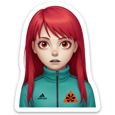 Crie um emoji de uma menina com bochecha gordinha com o cabelo vermelho longo com uma franja reta zumbi casaco de gola alta da adidas sticker