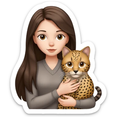 a white girl with brunette long straight hair holding a grey cat. the grey cat has black lines and cheeta prints in its fur. sticker