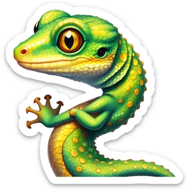 Cinematic Noble Gecko Portrait Emoji, Poised and sleek, with a compact, agile body adorned with textured, mottled scales and luminous, alert eyes accentuated by delicate toe pads and subtle patterning, Simplified yet sharp and sophisticated features, highly detailed, glowing with a soft, ambient jungle glow, high shine, intelligent and vigilant, stylized with an air of exotic elegance, focused and precise, soft glowing outline, capturing the essence of a watchful reptilian guardian that seems ready to scamper out of the screen with effortless agility! sticker